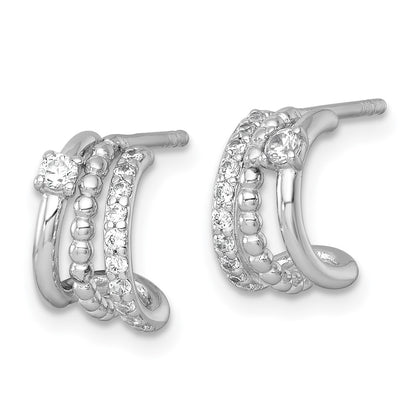 Sterling Silver Rhodium Plated Polished Beaded CZ Post C-Hoop Earrings