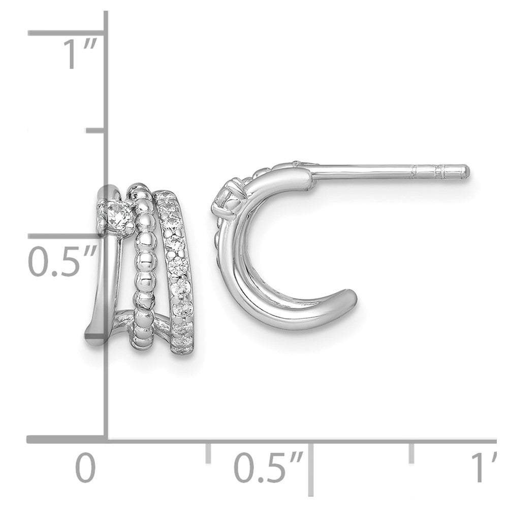 Sterling Silver Rhodium Plated Polished Beaded CZ Post C-Hoop Earrings