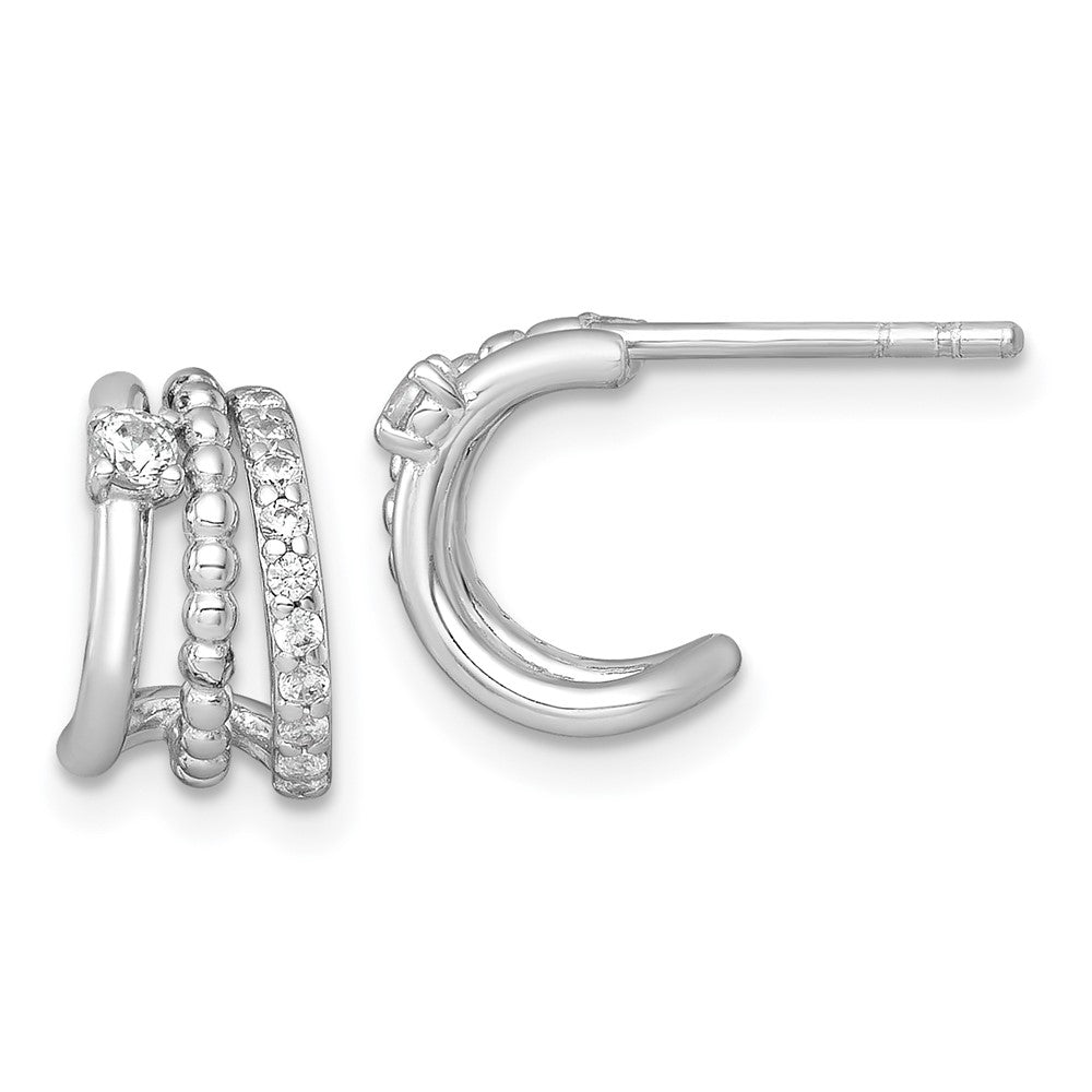 Sterling Silver Rhodium Plated Polished Beaded CZ Post C-Hoop Earrings