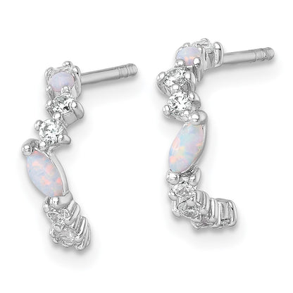 Sterling Silver Rhodium Plated Polished CZ and Lab Created Opal Post C-Hoop Earrings