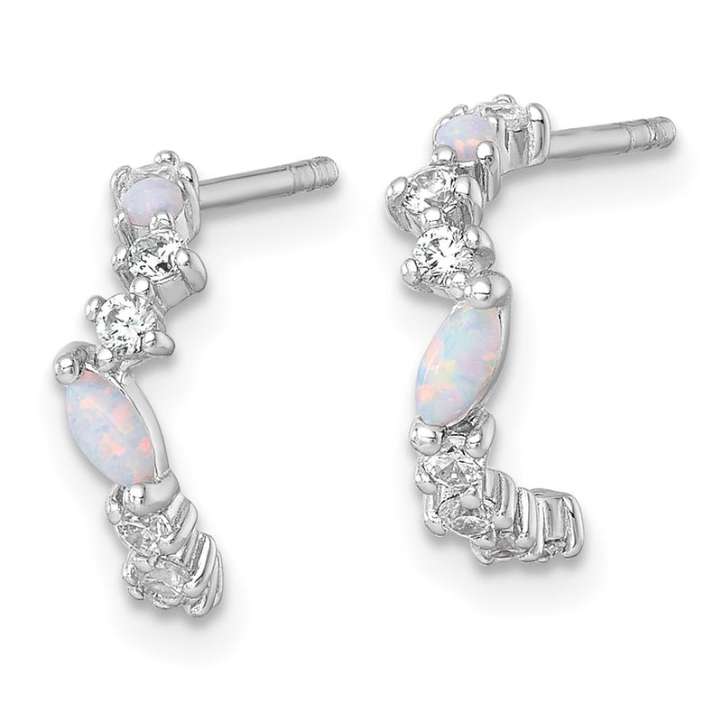 Sterling Silver Rhodium Plated Polished CZ and Lab Created Opal Post C-Hoop Earrings