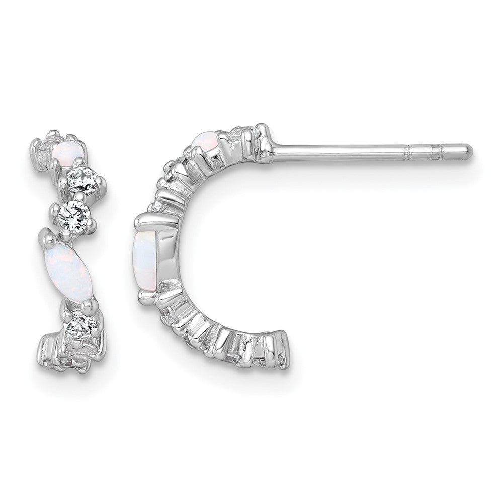 Sterling Silver Rhodium Plated Polished CZ and Lab Created Opal Post C-Hoop Earrings