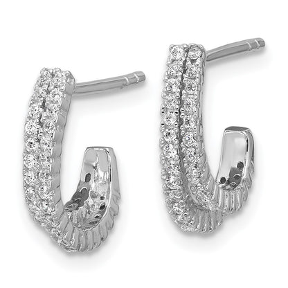 Sterling Silver Rhodium-Plated CZ 2 Row J-Hoop Post Earrings