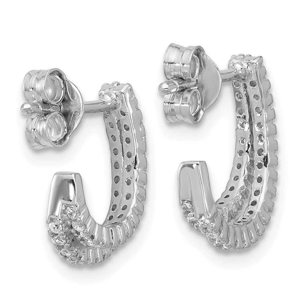 Sterling Silver Rhodium-Plated CZ 2 Row J-Hoop Post Earrings