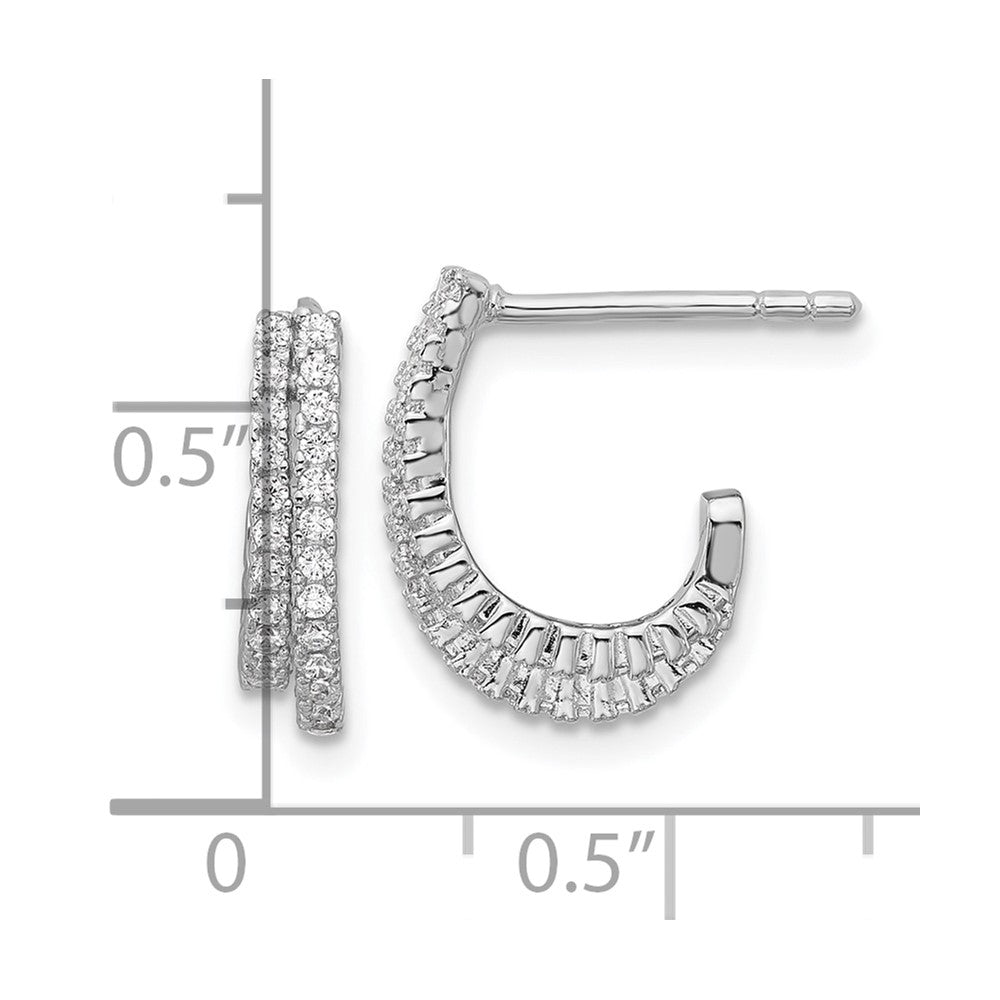 Sterling Silver Rhodium-Plated CZ 2 Row J-Hoop Post Earrings