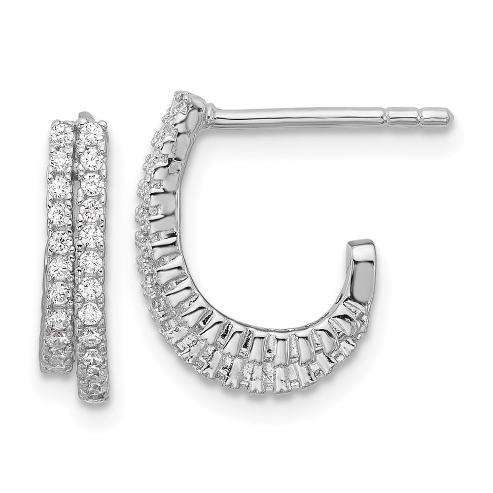 Sterling Silver Rhodium-Plated CZ 2 Row J-Hoop Post Earrings