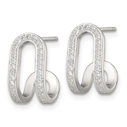 Sterling Silver Polished CZ Curved Post J-Hoop Earrings