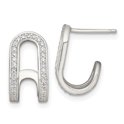 Sterling Silver Polished CZ Curved Post J-Hoop Earrings