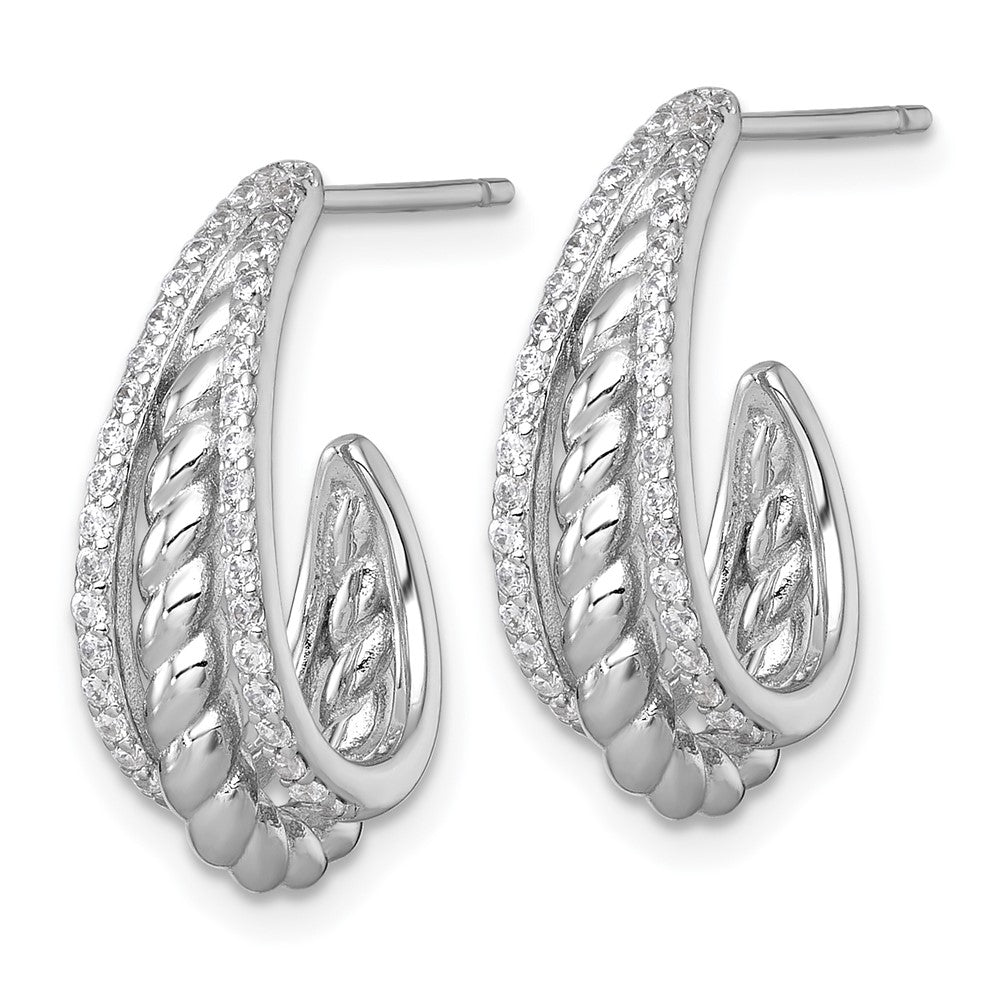 Sterling Silver Rhodium Plated Polished and Twisted CZ Post J-Hoop Earrings