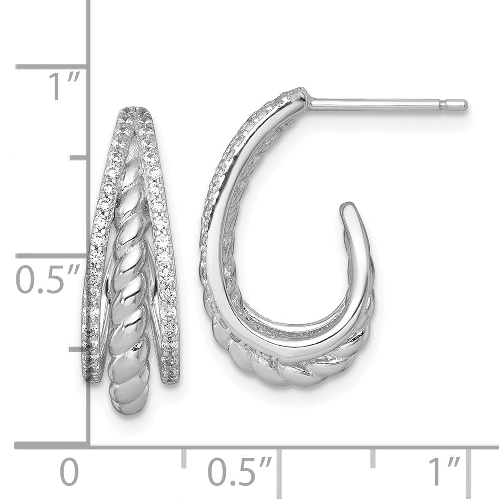 Sterling Silver Rhodium Plated Polished and Twisted CZ Post J-Hoop Earrings