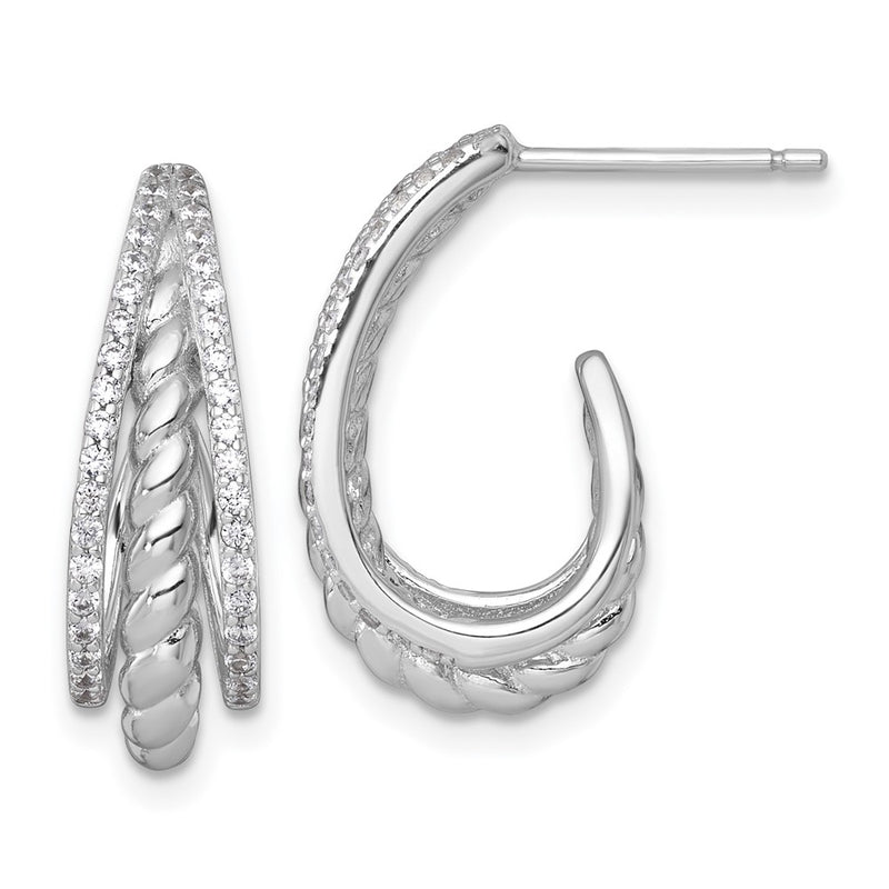 Sterling Silver Rhodium Plated Polished and Twisted CZ Post J-Hoop Earrings