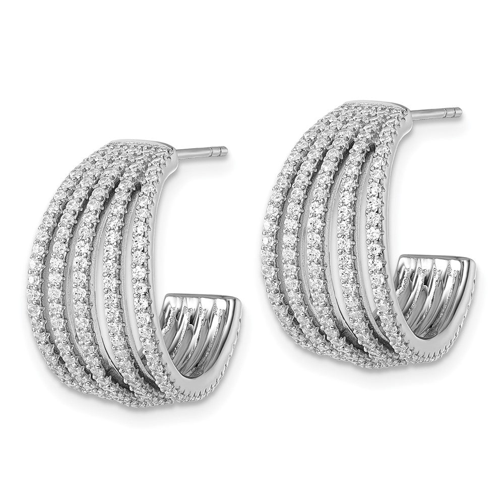 Sterling Silver Rhodium-Plated CZ Multi Row Post J-Hoop Earrings