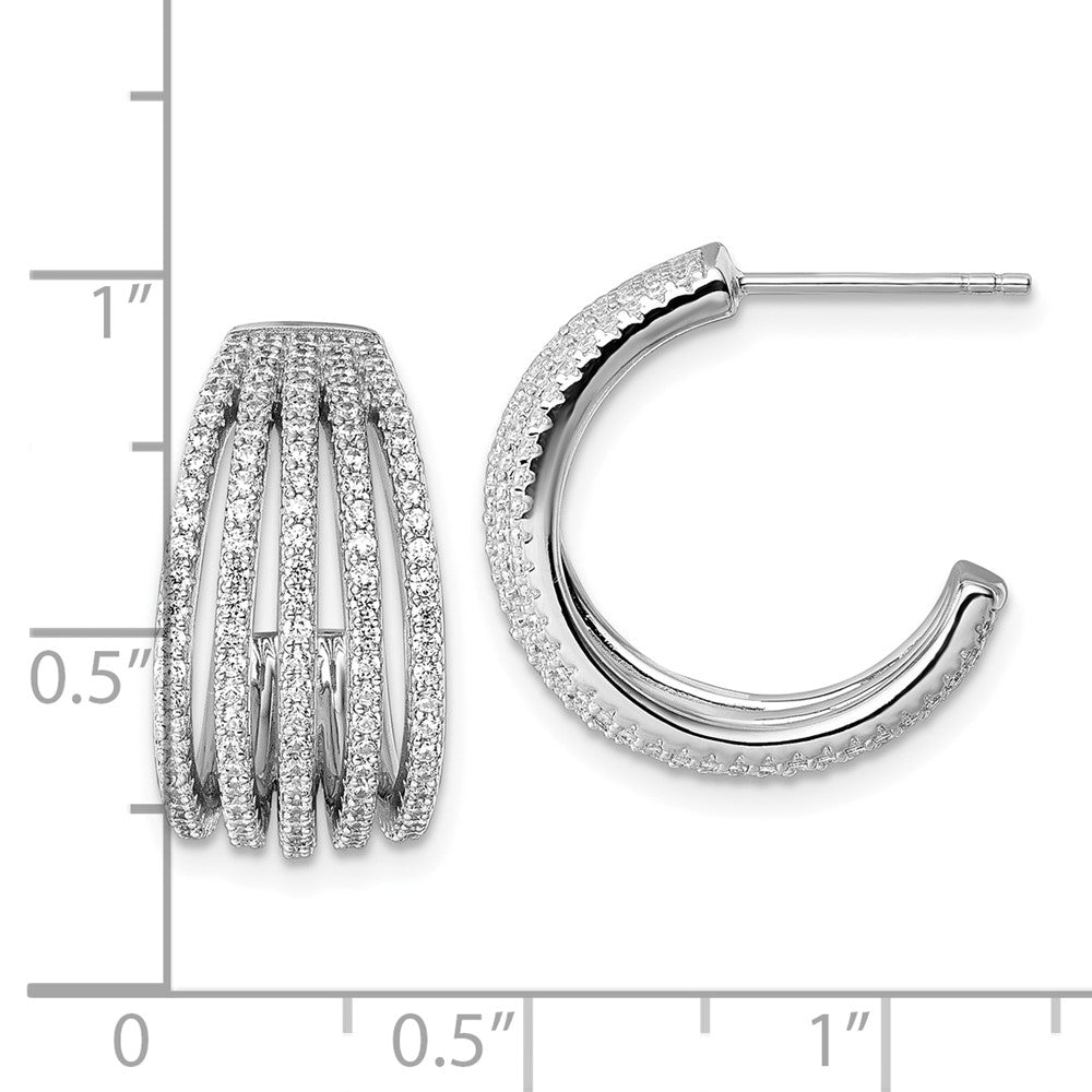 Sterling Silver Rhodium-Plated CZ Multi Row Post J-Hoop Earrings