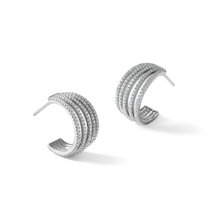 Sterling Silver Rhodium-Plated CZ Multi Row Post J-Hoop Earrings