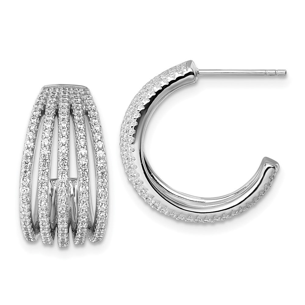 Sterling Silver Rhodium-Plated CZ Multi Row Post J-Hoop Earrings