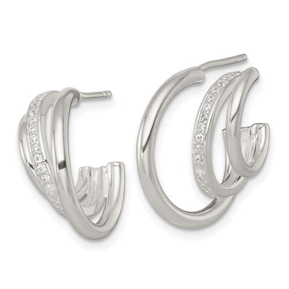 Sterling Silver Polished CZ 3-Row Post C-Hoop Earrings