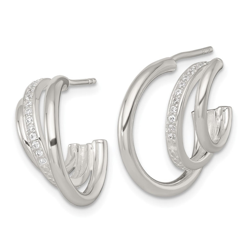 Sterling Silver Polished CZ 3-Row Post C-Hoop Earrings