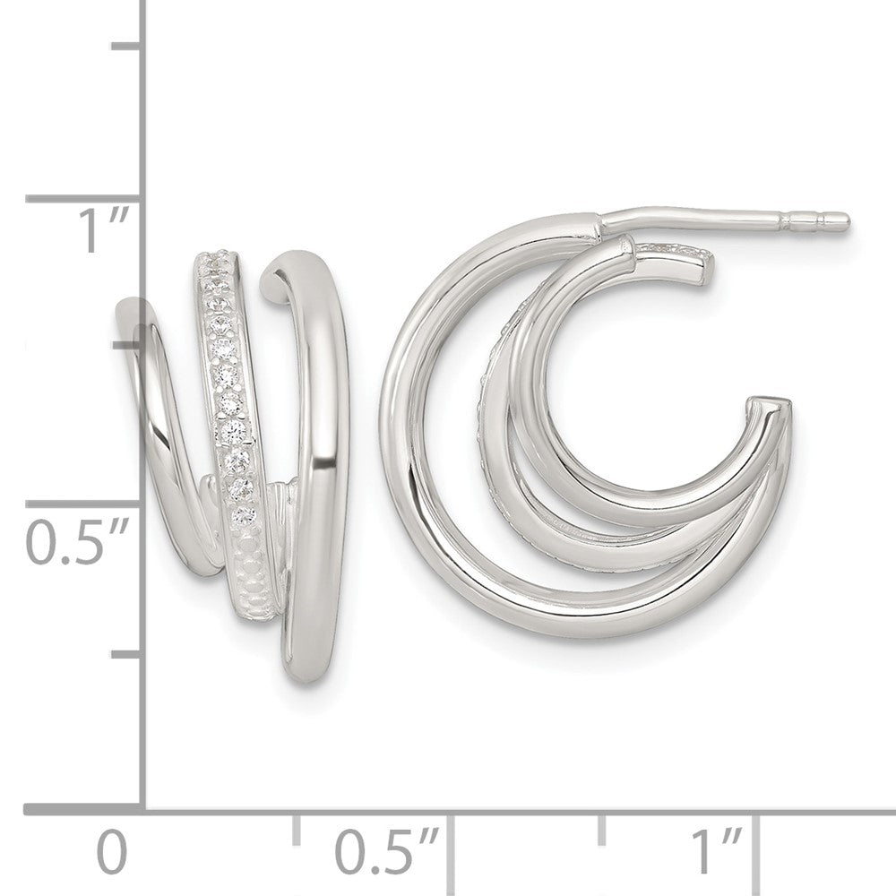 Sterling Silver Polished CZ 3-Row Post C-Hoop Earrings