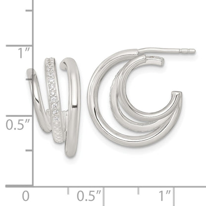 Sterling Silver Polished CZ 3-Row Post C-Hoop Earrings