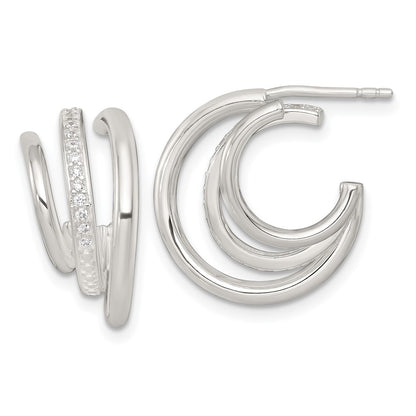 Sterling Silver Polished CZ 3-Row Post C-Hoop Earrings
