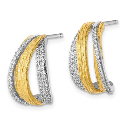 Sterling Silver Rhodium and Gold-Tone CZ Brushed Curved Post Earrings