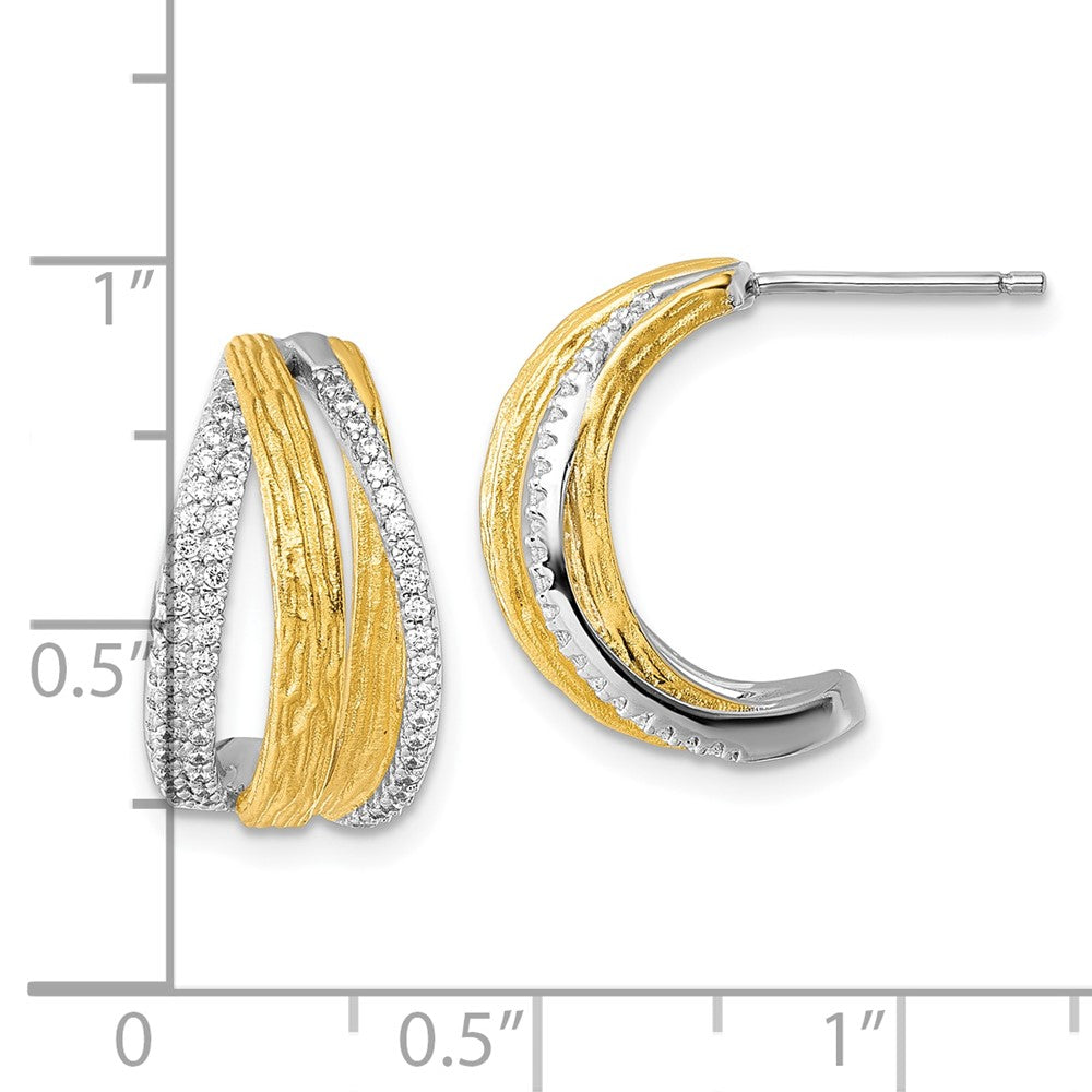 Sterling Silver Rhodium and Gold-Tone CZ Brushed Curved Post Earrings