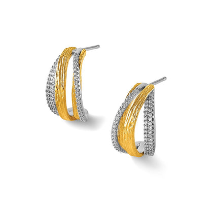 Sterling Silver Rhodium and Gold-Tone CZ Brushed Curved Post Earrings