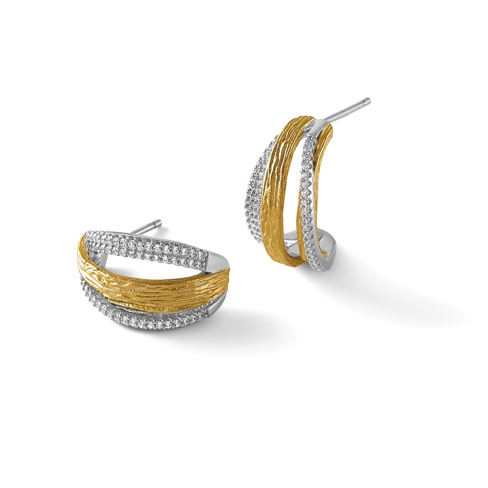 Sterling Silver Rhodium and Gold-Tone CZ Brushed Curved Post Earrings