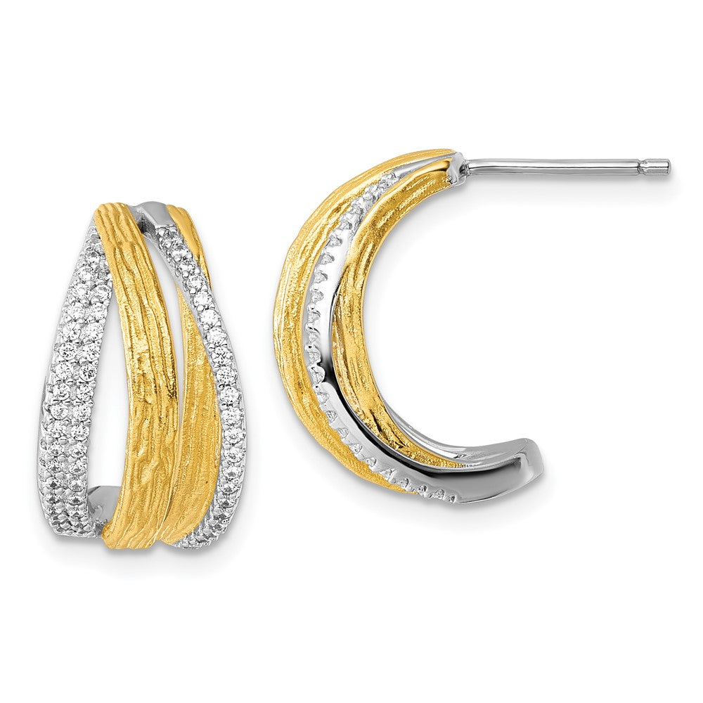 Sterling Silver Rhodium and Gold-Tone CZ Brushed Curved Post Earrings