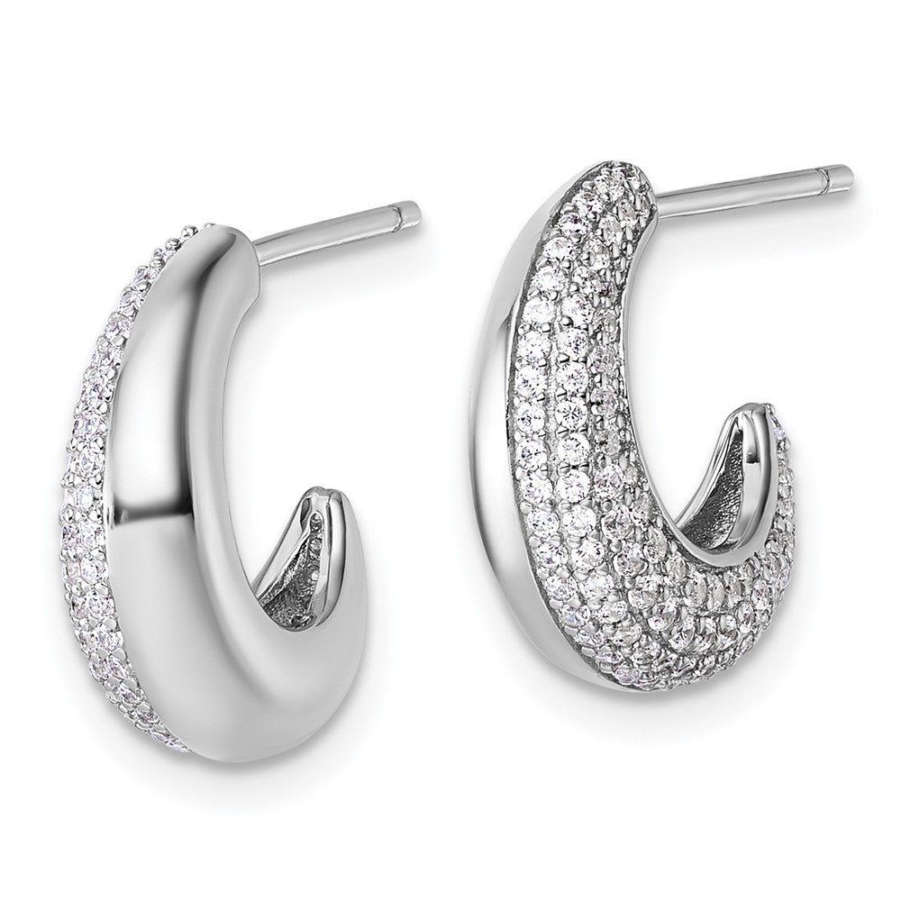 Sterling Silver Rhodium-Plated CZ Textured Post J-Hoop Earrings