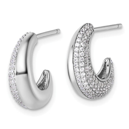 Sterling Silver Rhodium-Plated CZ Textured Post J-Hoop Earrings