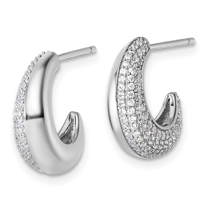 Sterling Silver Rhodium-Plated CZ Textured Post J-Hoop Earrings