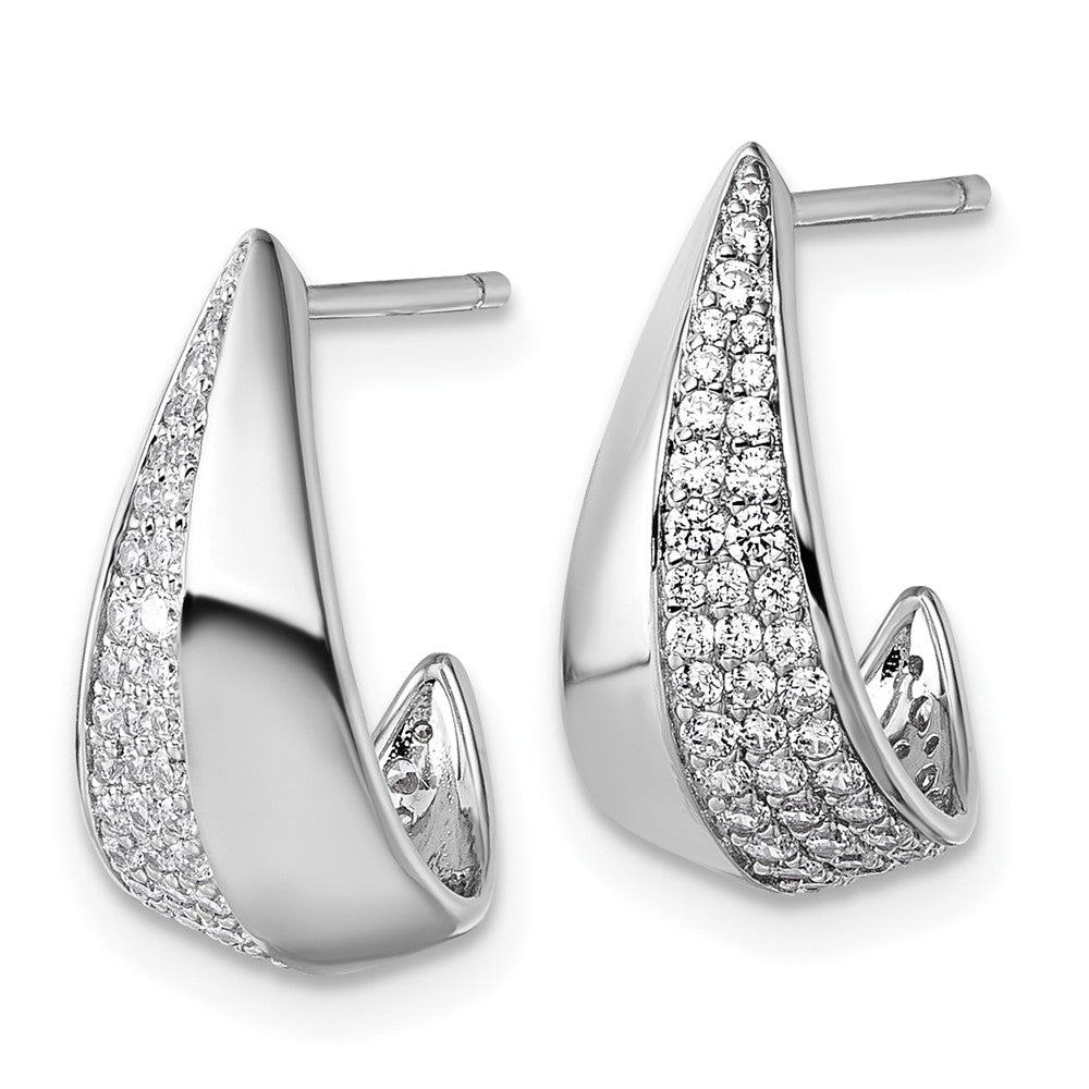 Sterling Silver Rhodium-Plated CZ Polished Post J-Hoop Earrings