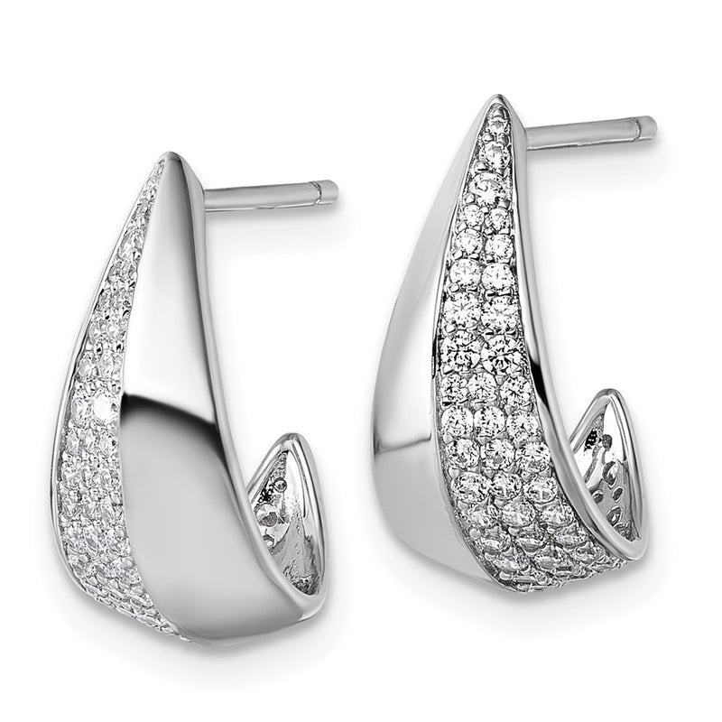 Sterling Silver Rhodium-Plated CZ Polished Post J-Hoop Earrings