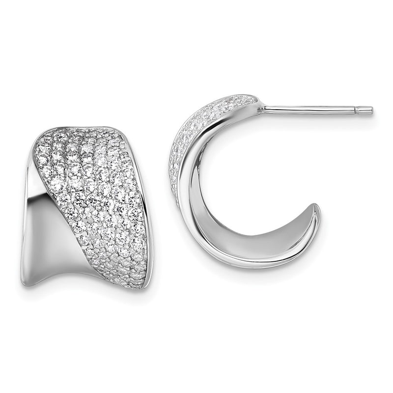 Sterling Silver Rhodium-Plated CZ Polished Post J-Hoop Earrings