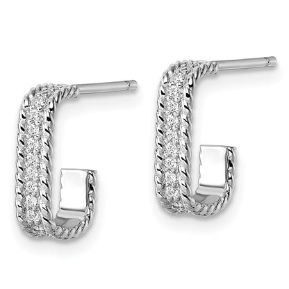 Sterling Silver Rhodium-Plated CZ Textured Rectangle Post J-Hoop Earrings