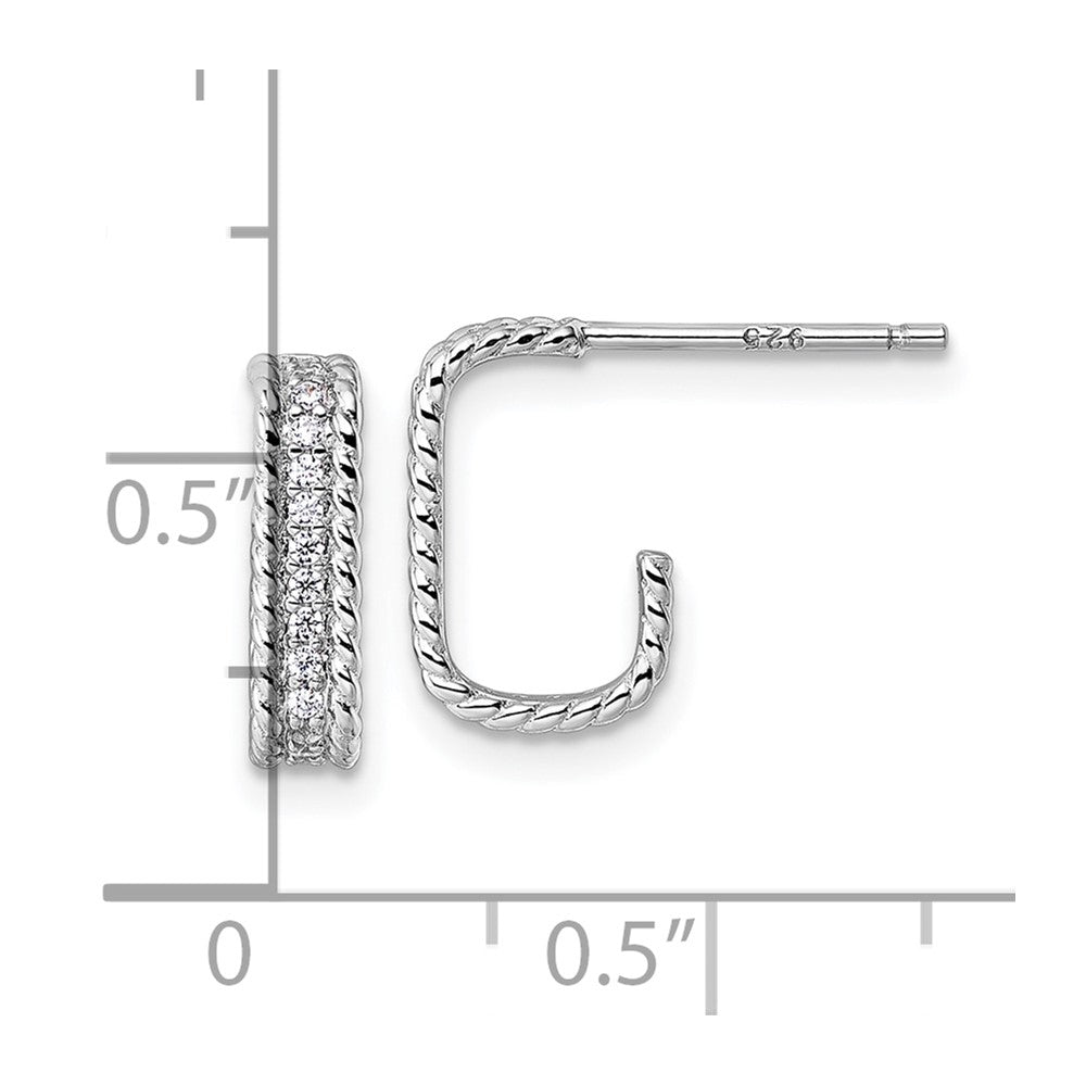Sterling Silver Rhodium-Plated CZ Textured Rectangle Post J-Hoop Earrings