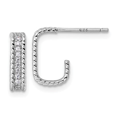 Sterling Silver Rhodium-Plated CZ Textured Rectangle Post J-Hoop Earrings