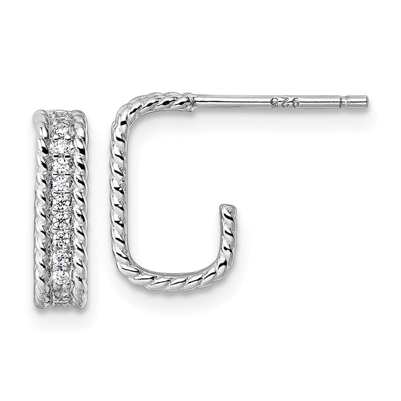 Sterling Silver Rhodium-Plated CZ Textured Rectangle Post J-Hoop Earrings