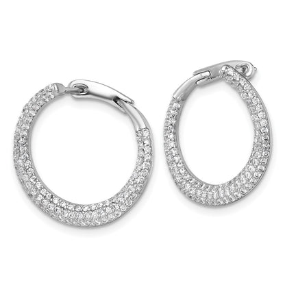 Sterling Silver Rhodium Plated Pave CZ Hinged Round Hoop Earrings