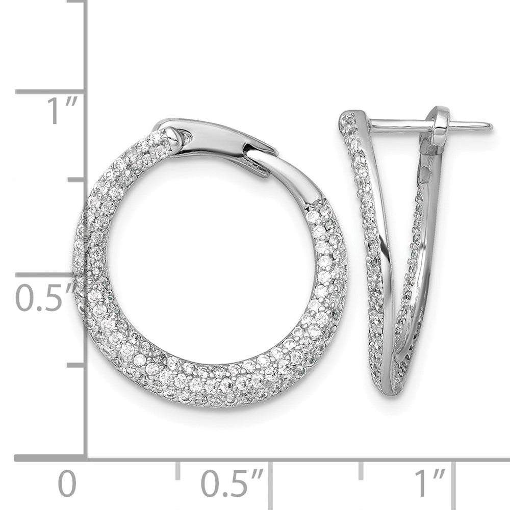 Sterling Silver Rhodium Plated Pave CZ Hinged Round Hoop Earrings
