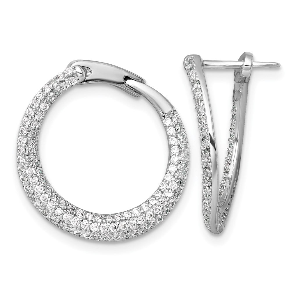 Sterling Silver Rhodium Plated Pave CZ Hinged Round Hoop Earrings