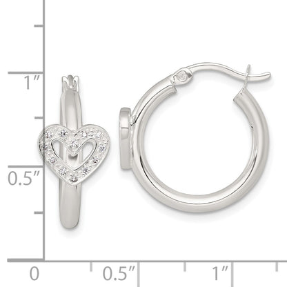 Sterling Silver Polished CZ Heart Round Hoop Earrings