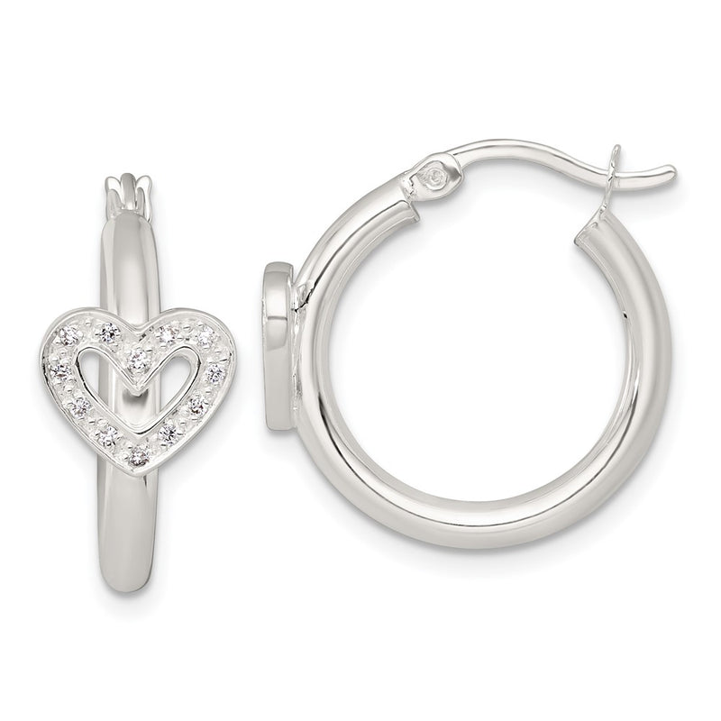 Sterling Silver Polished CZ Heart Round Hoop Earrings