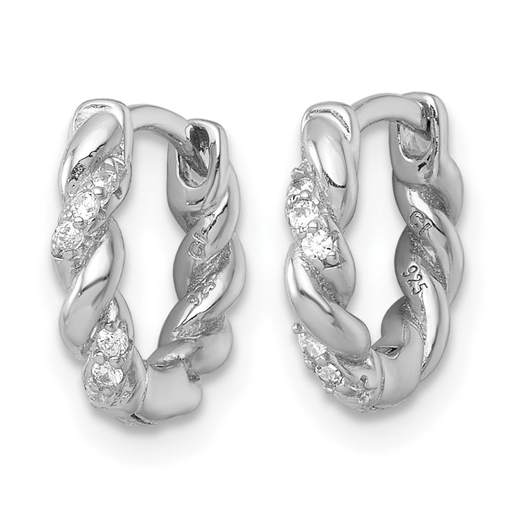 Sterling Silver Rhodium Plated Polished and Twisted CZ Hinged Hoop Earrings