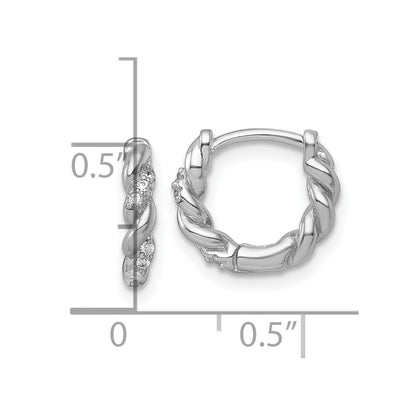 Sterling Silver Rhodium Plated Polished and Twisted CZ Hinged Hoop Earrings