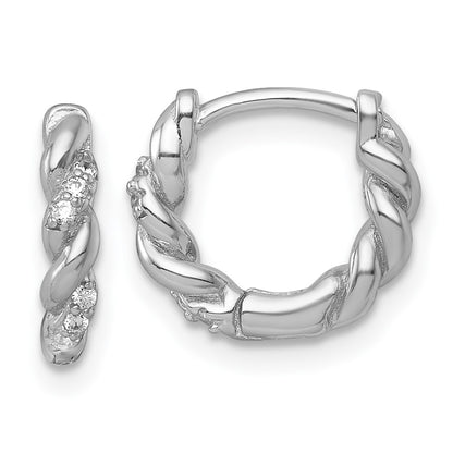 Sterling Silver Rhodium Plated Polished and Twisted CZ Hinged Hoop Earrings