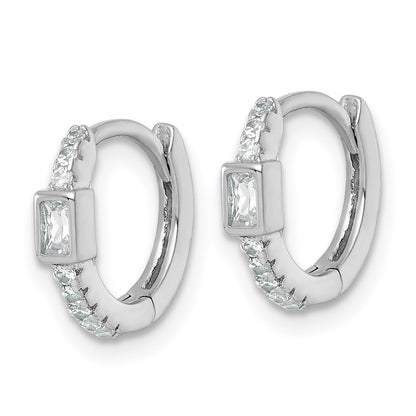 Sterling Silver Rhodium Plated Round/rectangular CZ Hinged Round Hoop Earrings
