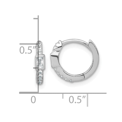 Sterling Silver Rhodium Plated Round/rectangular CZ Hinged Round Hoop Earrings
