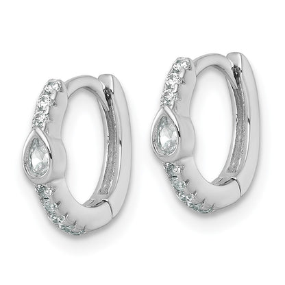 Sterling Silver Rhodium Plated Round and Pear Shaped CZ Hinged Hoop Earrings